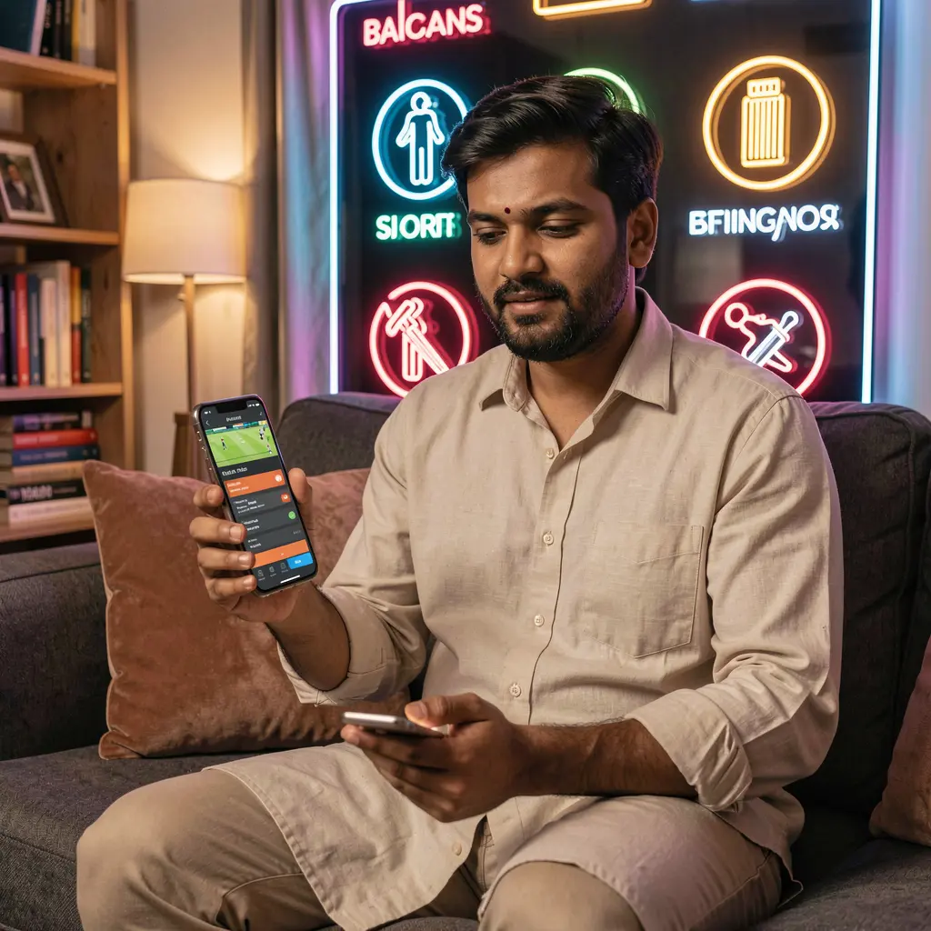 Stylish Bangladeshi player using the 288BD sports betting app on his phone with vibrant cricket icons and neon lights behind him