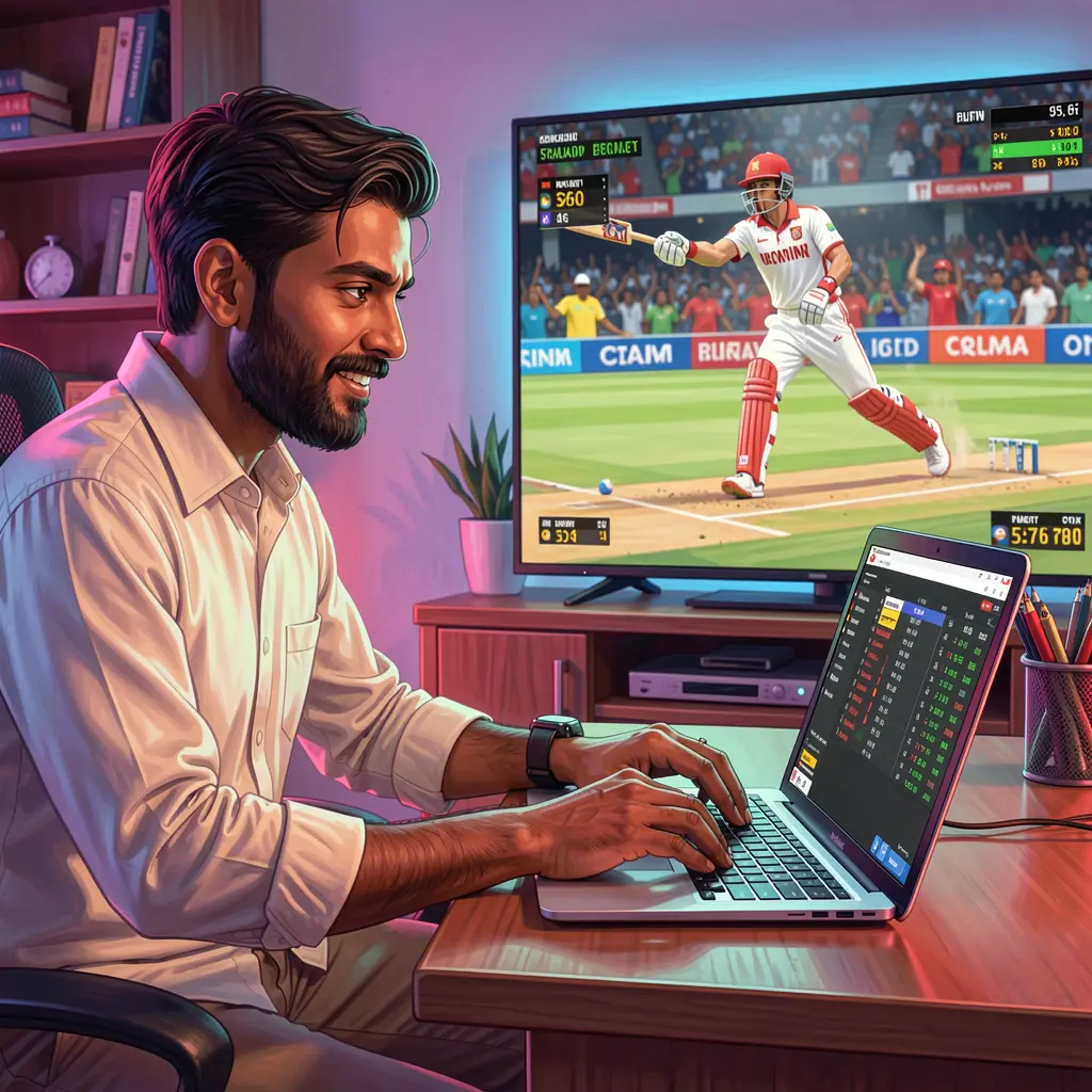 A Bangladeshi sports bettor placing online cricket bets on a laptop while watching a live match on TV using the 288BD betting platform