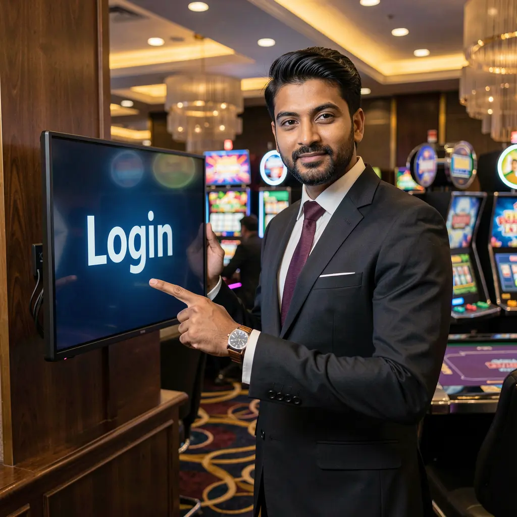 Stylish Bangladeshi casino staff member pointing at a digital login screen in a modern casino atmosphere on 288BD