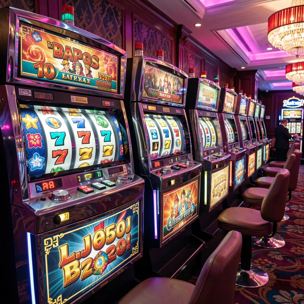 Modern slot machines with colorful reels and bright lights inside a casino atmosphere offered by 288BD for players in Bangladesh